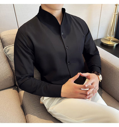 Advanced Sexy V-neck Men's Long Sleeved Shirt Designer Stand Up Collar Shirt Business Social Slim Fit Black and White Top