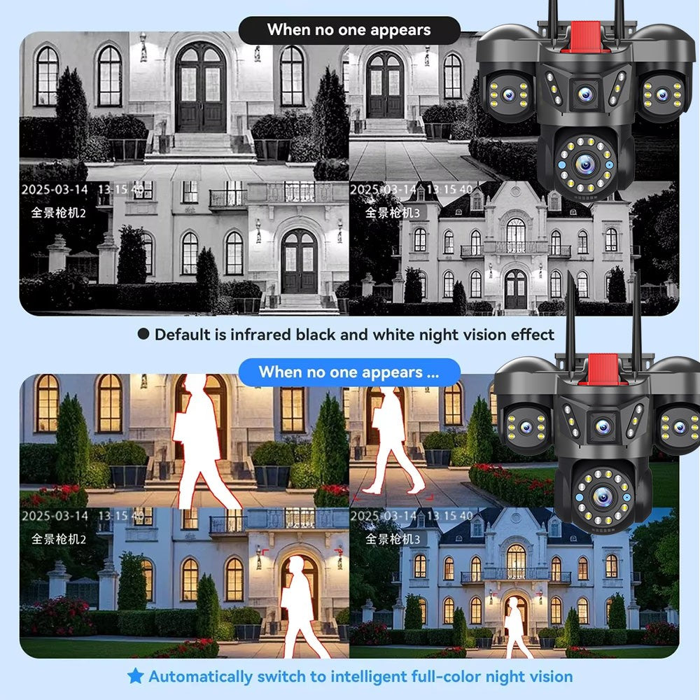 10K 20MP UHD Outdoor WiFi IP Camera Four Len Four Screen 360° 16X Zoom PTZ Security Cam Auto Tracking CCTV Wireless Surveillance