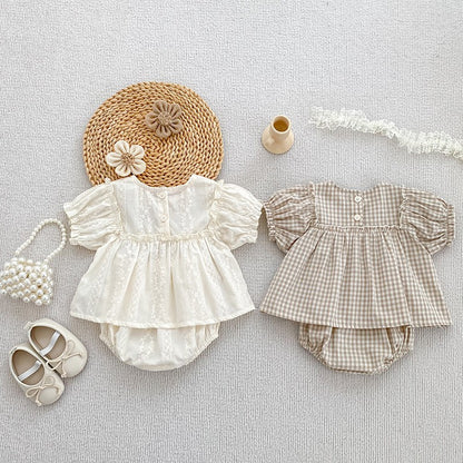 Girls Summer Fashion Set Children's Embroidered Grid Puff Sleeve Top+Shorts Two Piece Cute Baby Girls Clothes Set Baby Clothes