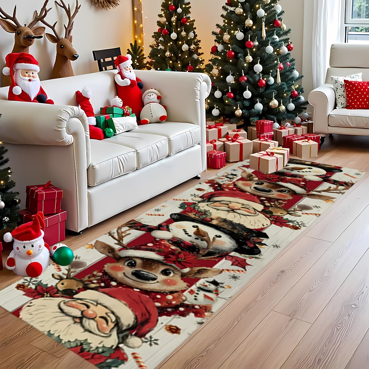 VIKAMA Christmas Reindeer and Snowman Pattern Non-Slip Living Room, Hallway, and Kitchen Runner Decorative Rug Home Decor