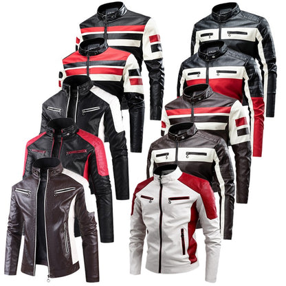 2025 New Color Blocked Stand Up Collar PU Leather Motorcycle Bike Jackets for Men,multi-color Spring Autumn  Thin Casual PU Coat