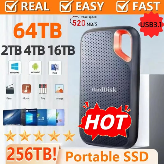 256TB Portable SSD Hard Drive 1TB High-speed Solid State USB3.1 Typec Mass Storage Original External Hard Disk for Laptop/PC/MAC