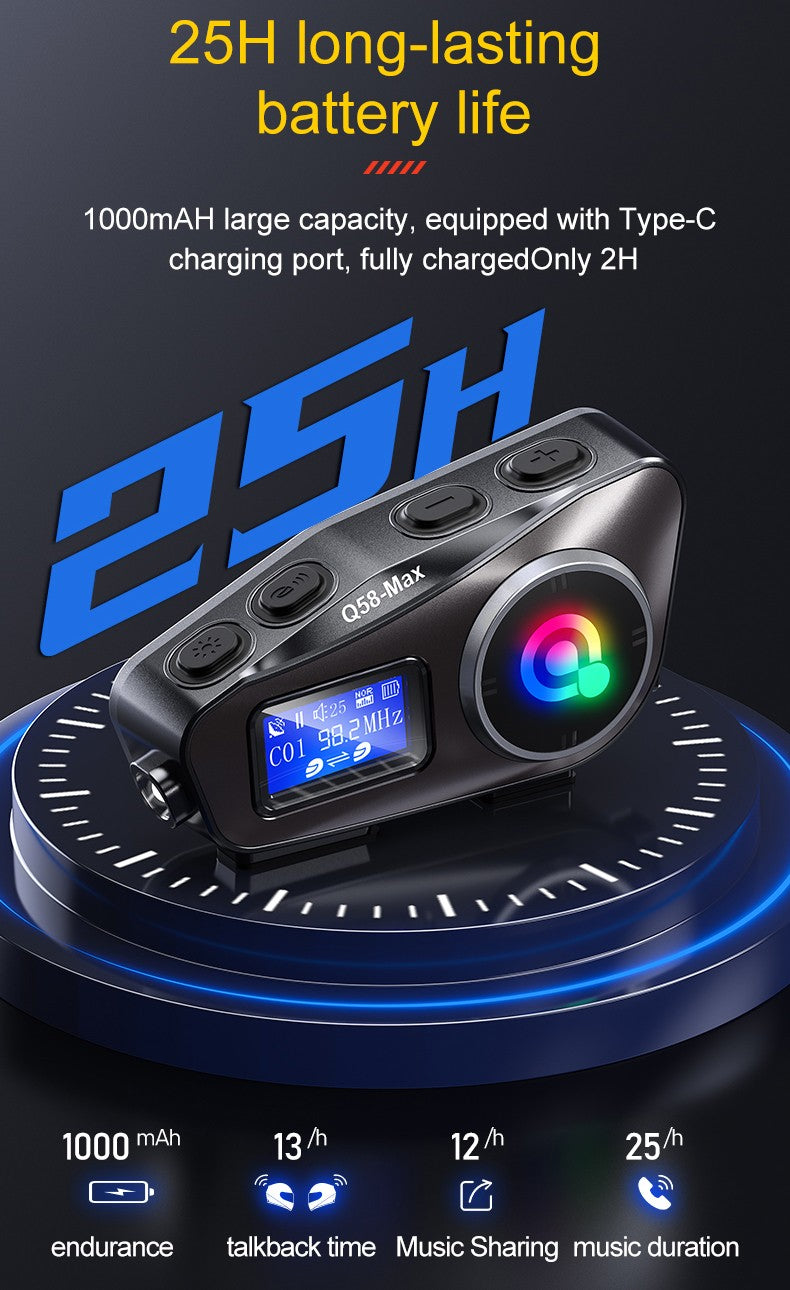 Capacete de motocicleta Q58 Max Bluetooth Intercom IP65 à prova d'água Distância de intercomunicação de 500 metros Compartilhamento de música mista em várias cenas