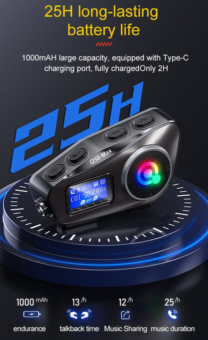 Capacete de motocicleta Q58 Max Bluetooth Intercom IP65 à prova d'água Distância de intercomunicação de 500 metros Compartilhamento de música mista em várias cenas