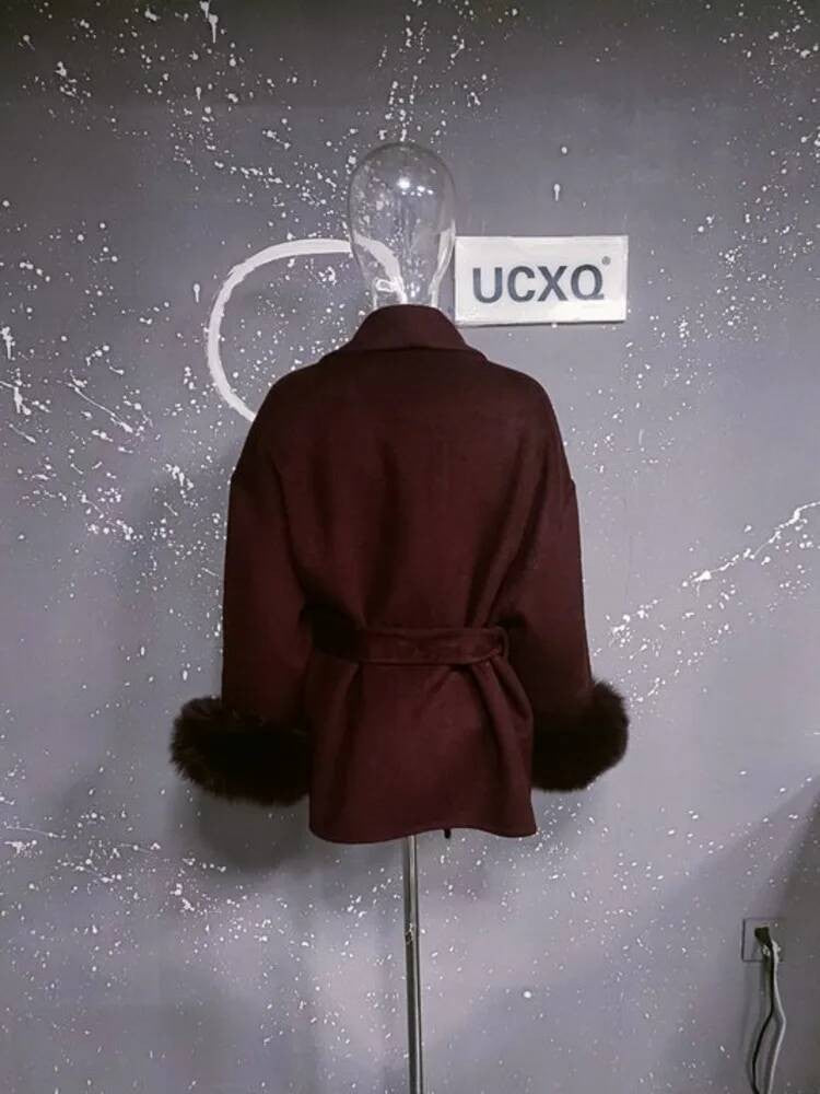 UCXQ Casaco Feminino Elegante OL para Escritório com Retalhos de Pelo Manga Comprida Lã Jaqueta de Roupa Feminina Bonita Outono Inverno 2025