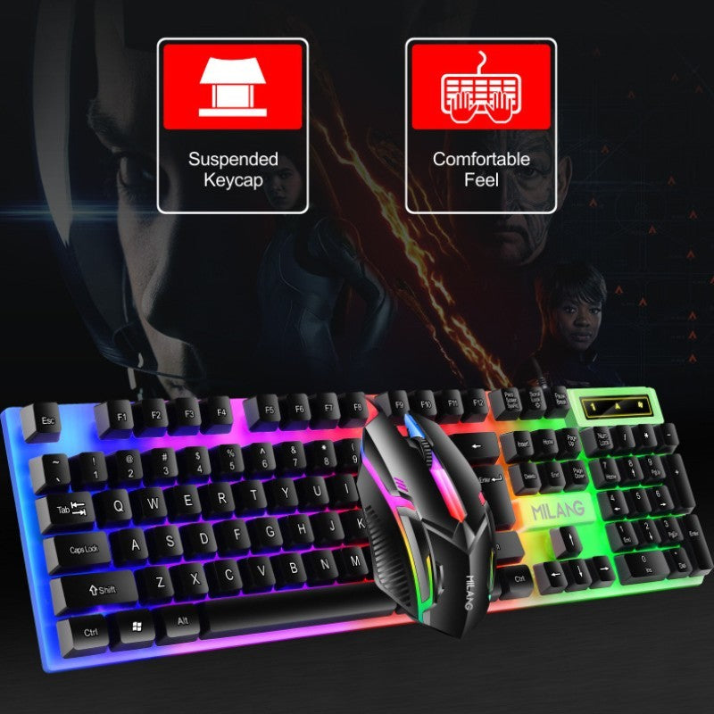 Teclado e Mouse com Fio e Retroiluminação Rainbow, Teclado com Teclas Flutuantes Forte, Resistente ao Desgaste, Sensação Confortável para Escritório Comercial