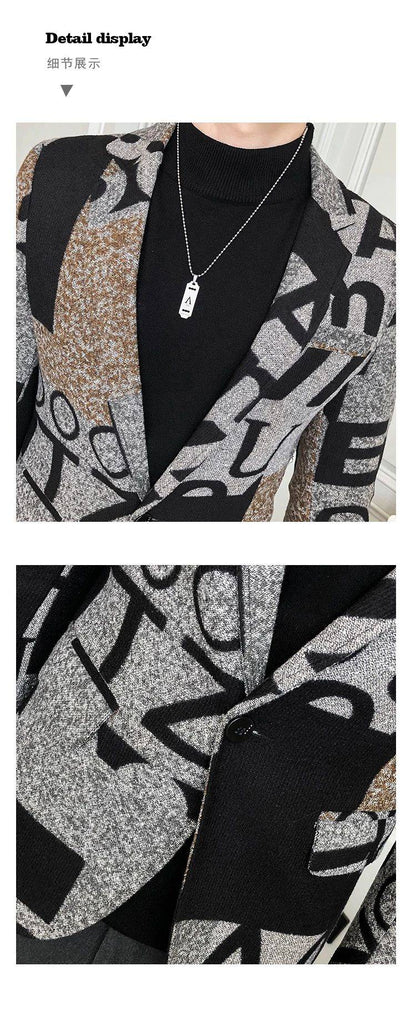 Men's New Suit Jacket Autumn and Winter Men's Letter Printed Suit Jacket Slim Lapel Comfortable Suit Jacket Fashion Woolenjacket