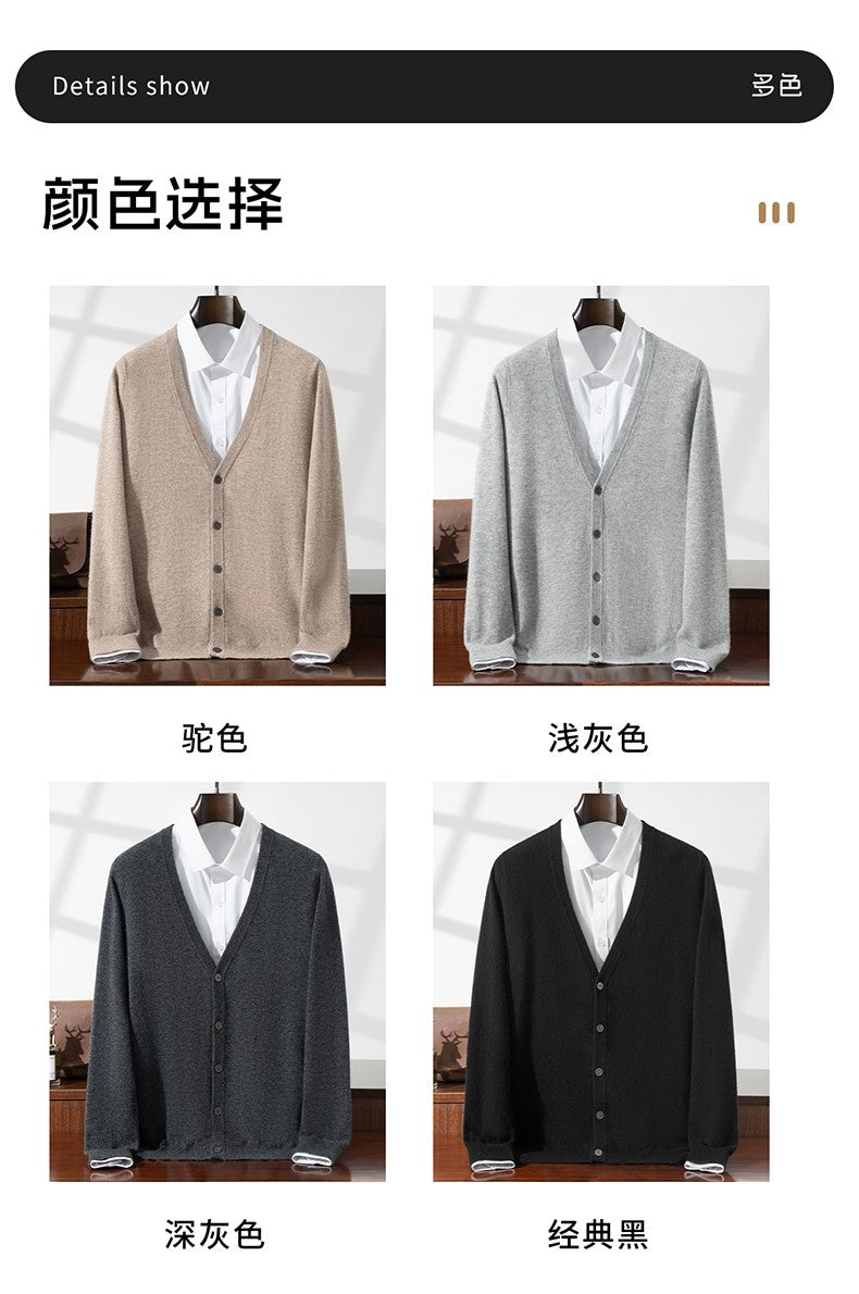 New Simple Button-Up Long Sleeve 100% Wool Cardigan Men's V-Neck Autumn Winter Versatile Commuter Sweater Knitted Jacket