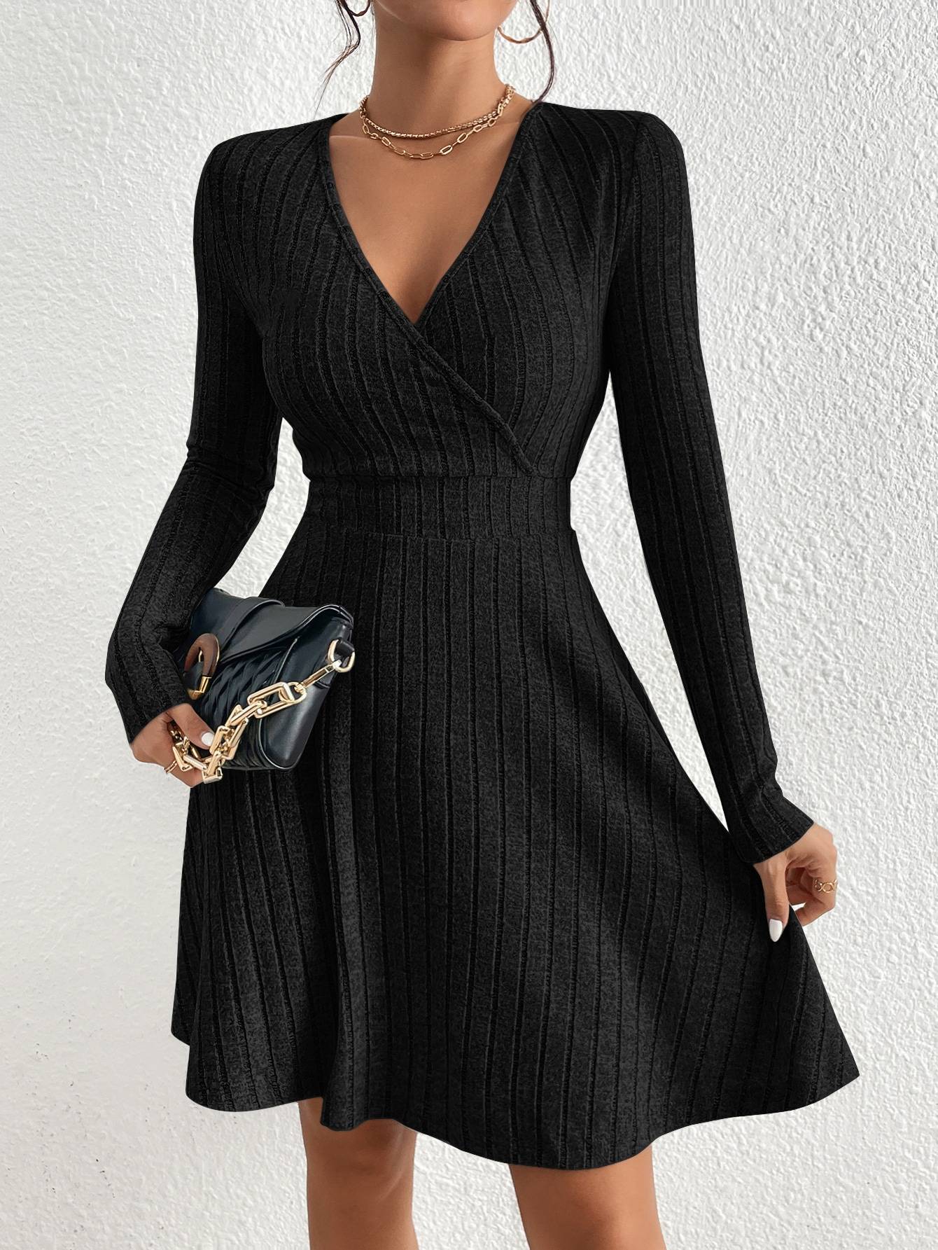 New for autumn/Winter 2024 Women Knit Slim Sexy Bodycon Dress V-Neck Long Sleeve