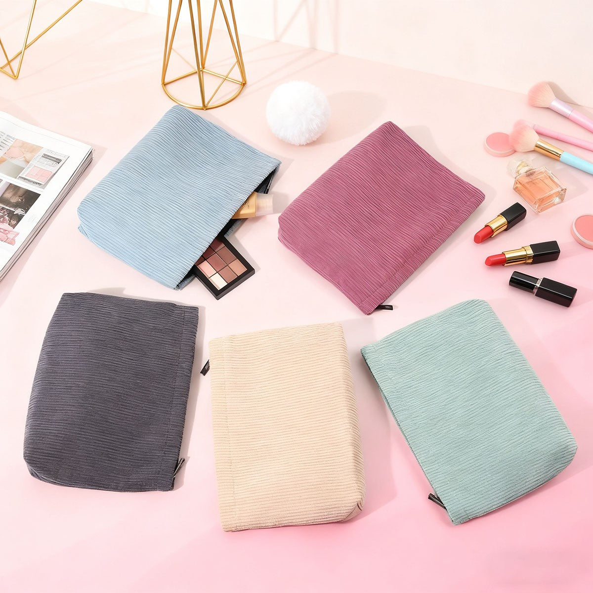 Corduroy Travel Cosmetic Bag Portable Makeup Storage Bag Purses Women Large Capacity Zipper Make Up Organizer Storage Clutch