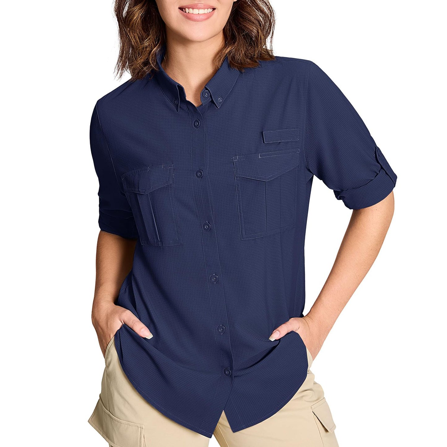 TACVASEN Womens UPF 50+ Fishing Shirts UV Block Quick Dry Long Sleeve Cargo Shirts Breathable Mesh Outdoor Trekking Hiking Shirt