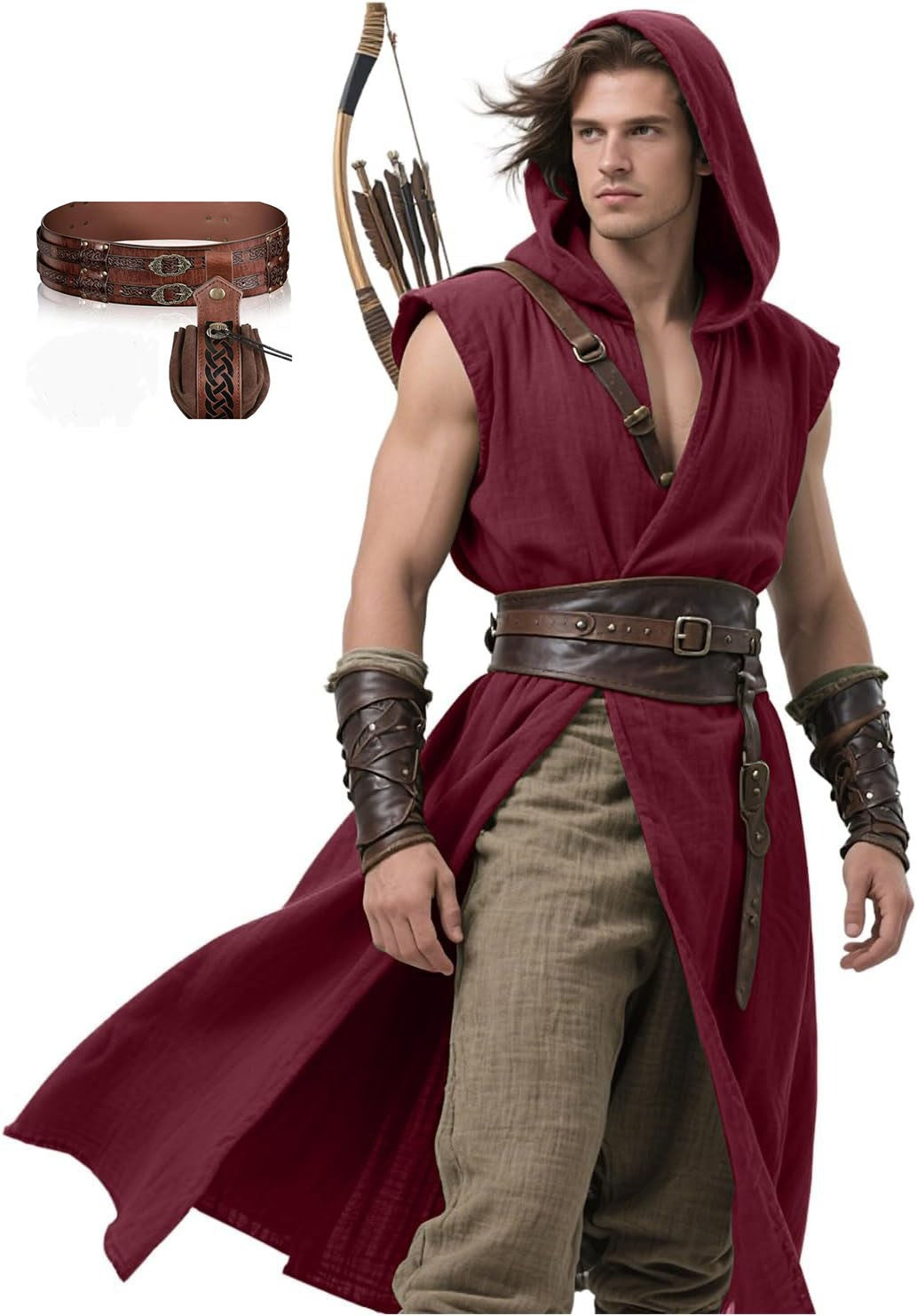 Men's Medieval Hooded Surcoat Renaissance Tabard Sleeveless Tunic Cloak Viking Costume Holloween Assassin Cosplay