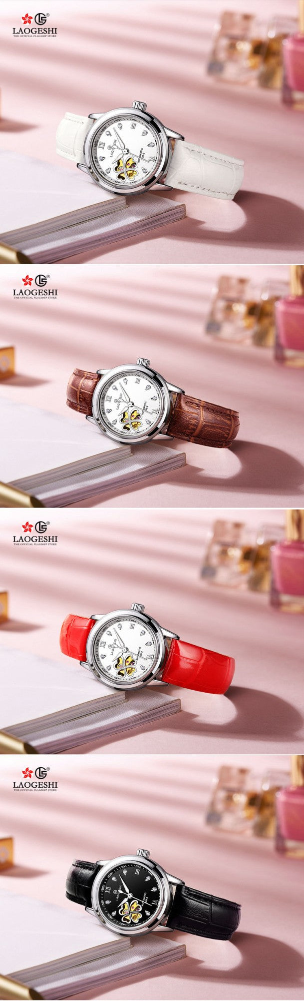 Women Automatic Mechanical Watches Diamond Four-leaf Clover WristWatches Ladies Rose Leather Watch Waterproof Senhoras Assistir