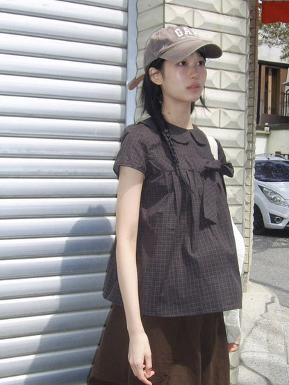 Vintage Plaid Shirts Women Japanese Harajuku Bow Peter Pan Collar Blouses Summer Korean Aesthetic Short Sleeve Casual Tops New