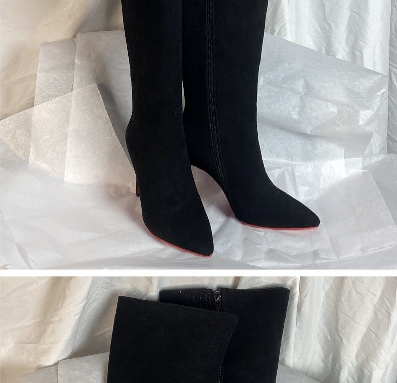 Ods Luxury Designer Sexy Pointed Toe Pole Knee High Brown Black Leather Red Sole Botas Mujer Boots For Women 8 10cm Big 41434546