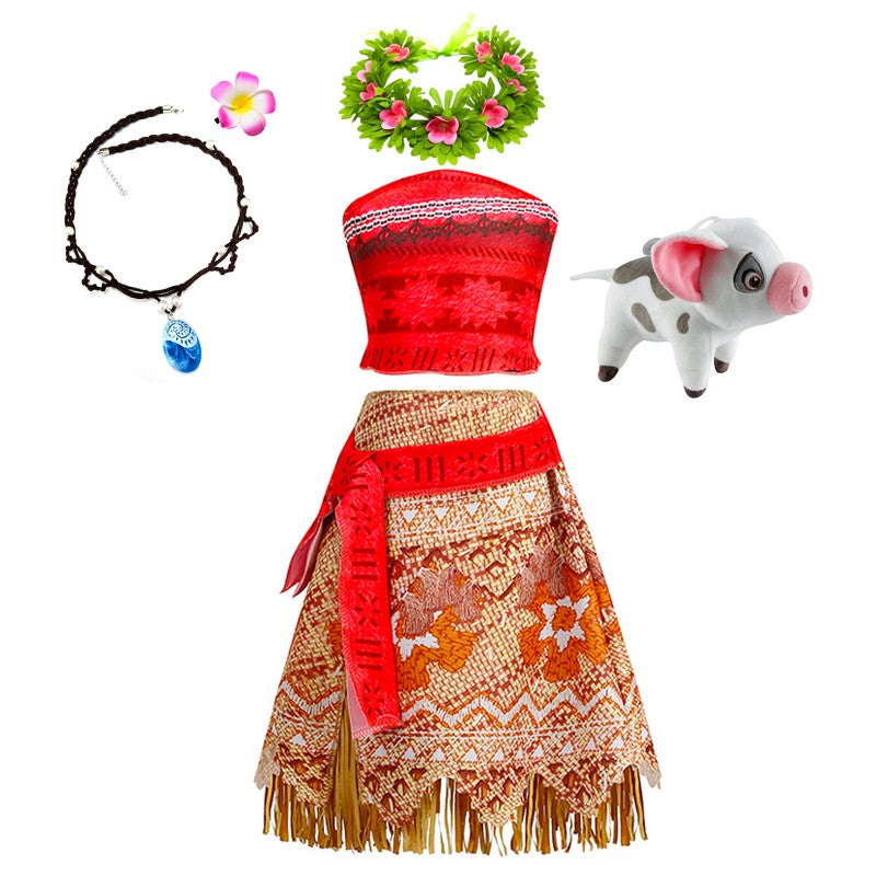 Disney Moana Dress for Kids Girls Princess Vaiana Cosplay Carnival Children Birthday Party Headwear Necklace Pet Pig Chicken Set