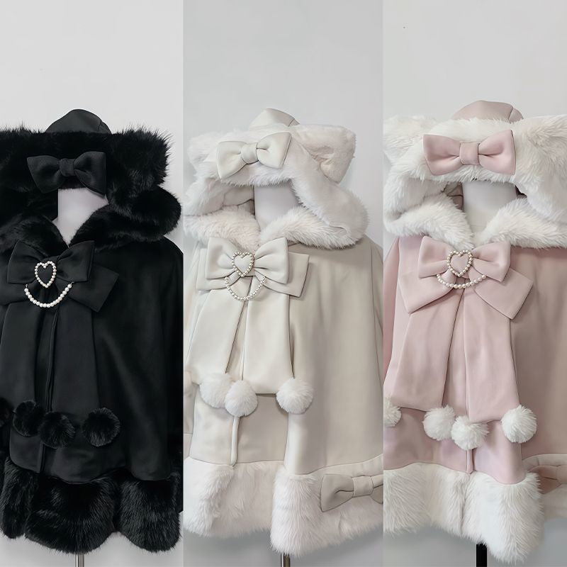 2025 Winter New Lolita Shawl Overcoat Women Design Bow Hooded Patchwork Kawaii Cope Coat Female Warm Chic Sweet Christmas Coat