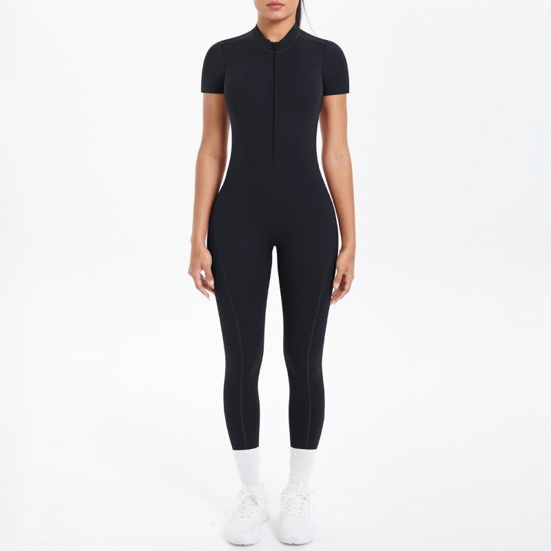 New Women's Yoga Jumpsuit Front Zipper Tight Back Hollow Out Short Sleeve-pants Activewear for Fitness Running Gym Workout