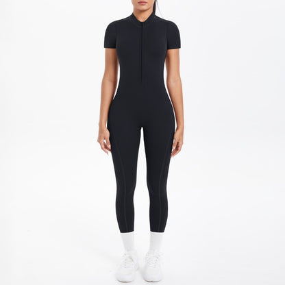 New Women's Yoga Jumpsuit Front Zipper Tight Back Hollow Out Short Sleeve-pants Activewear for Fitness Running Gym Workout