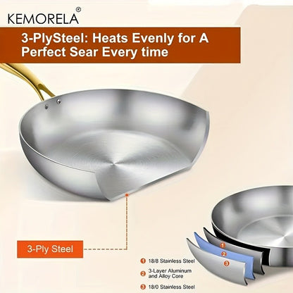 KEMORELA 3PCS 316 Stainless Steel Gold Handle Non-Stick Frying Pan Set 2MM Thick 5-Ply Wok Pan Food Grade Safety Multiple Sizes