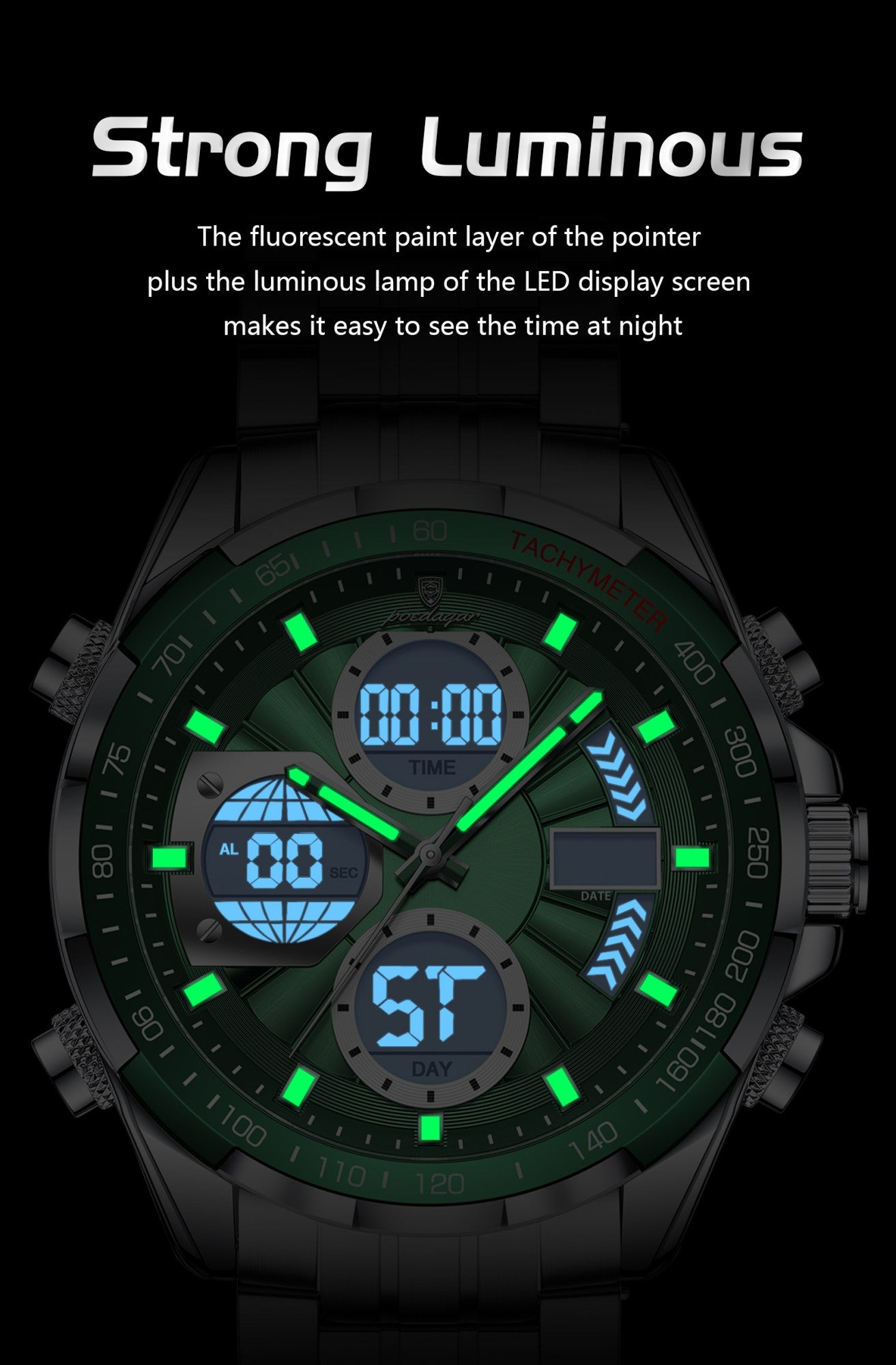 POEDAGAR Top Man Clock Waterproof Electronic LED Luxury Men's Watches Dual Time Display Digital Stainless Steel Men Quartz Watch