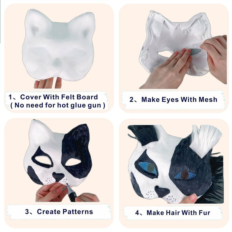 DIY White Pulp Mask Kit Fun Therians Mask Fox Cat Mask Children's Handmade Graffiti Half Face Mask for Masquerade Cosplay Party
