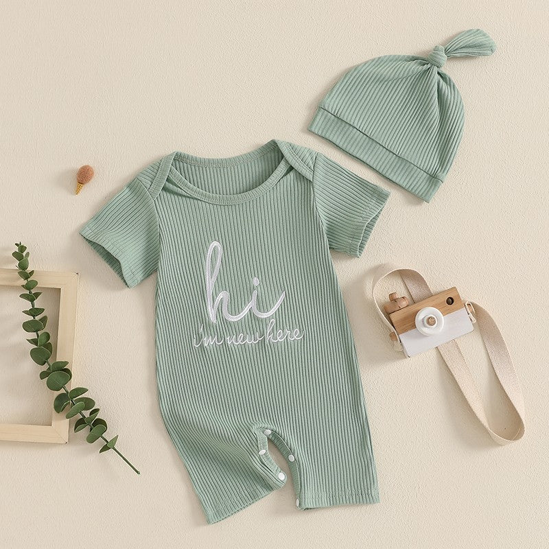 Macacões Carta Impressão Gola Redonda Manga Curta Bebê Menino Roupas de Verão Bodysuits Macacões com Chapéu