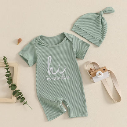 Macacões Carta Impressão Gola Redonda Manga Curta Bebê Menino Roupas de Verão Bodysuits Macacões com Chapéu