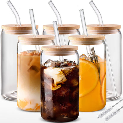 6 Copos de Vidro de 550ml com Tampa de Bambu e Canudo de Vidro - Copos para Cerveja, Café Gelado, Copos Estéticos Fofos Ótima