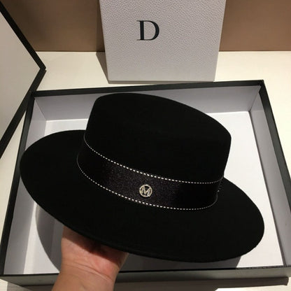 Chapéu Fedora de Lã com Aba Larga e Topo Chato nas Cores Neutras Preto e Branco para Uso Casual Unissex de Outono Inverno Masculino e Feminino
