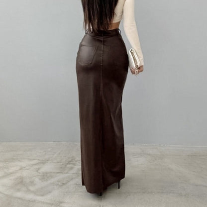 Women's Split Design Solid Color High Waist Pu Leather Skirt 2025 Spring Fall Office Lady Trendy Streetwear Long Skirts