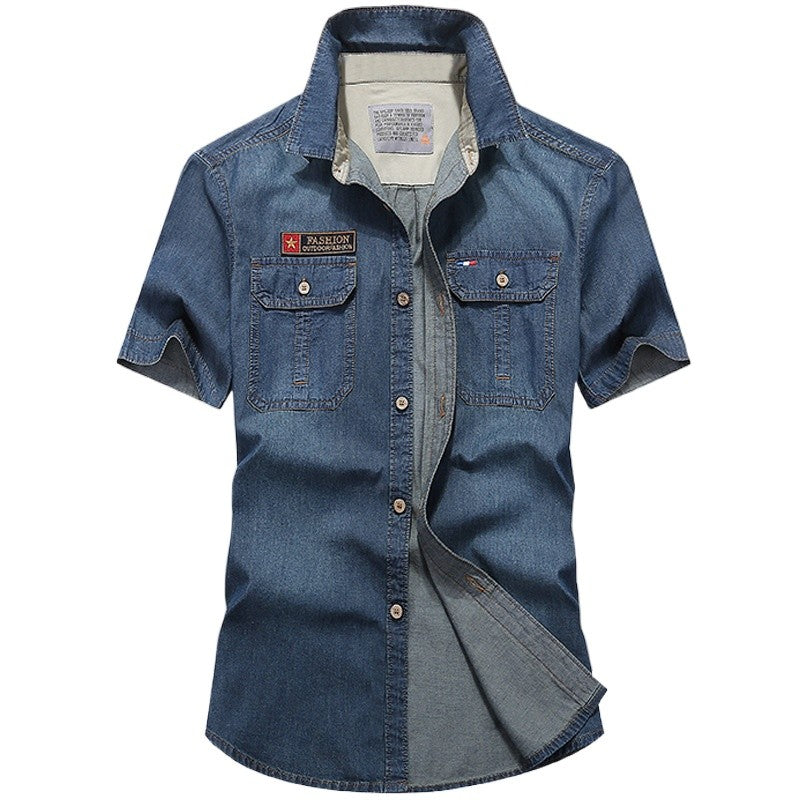 Men Multi pockets Blue Denim Shirts New Summer Male Short Sleeve Tooling Shirts High Quality Men Cotton Casual Jeans Shirts 4XL