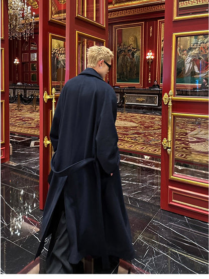 Mauroicardi Autumn Winter Oversized Extra Long Warm Navy Blue Wool Blends Coat Men Loose Luxury Designer Woolen Overcoat 2024