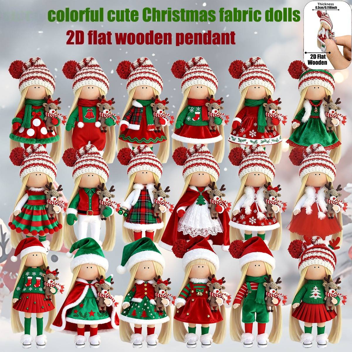 12Pcs Classic Long-haired Christmas Doll Design High-quality 2D Flat Wooden Pendant Christmas Doll Decoration for Christmas