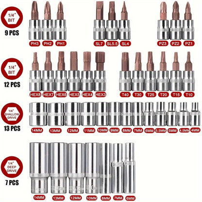 Kit Chaves Soquete Catraca 1/4" Com 53 Peças, Soquetes Bits, Medidas Métricas e Barra de Extensão Para Reparos Automotivos