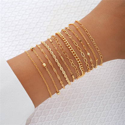Conjunto de Pulseiras Femininas Corrente Cubana, Cor Dourada, Boho Retrô, Torção Grossa, Joias da Moda de Qualidade, 11 Peças, 2024