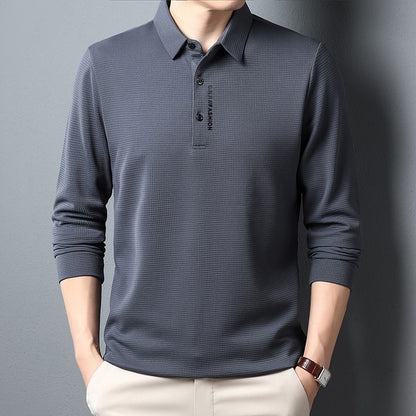 Men's Waffle Long Sleeved POLO Shirt with Letter Printed Lapel Casual Top
