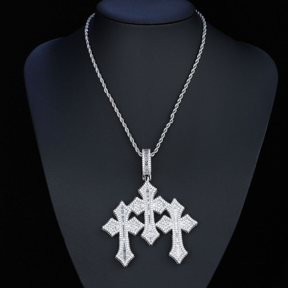High Quality 3Inch Mens Hip Hop Cross Pendant New Release Iced out Triple Cross with Stone Charm Necklace Made Brass
