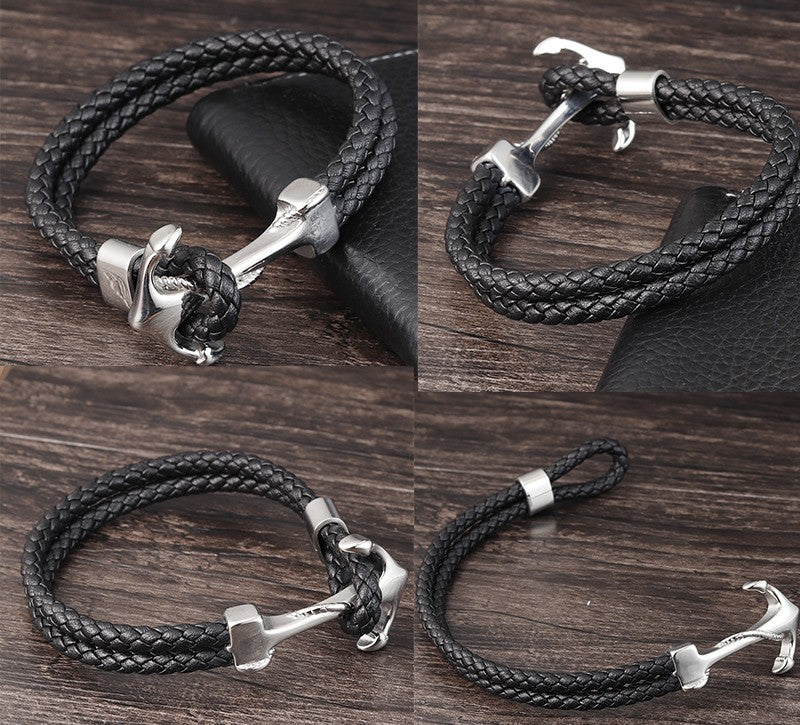 Pulseiras de Âncora Punk de Aço Inoxidável Pulseira de Couro Genuíno e Braceletes Masculinos Joias Pretas Presente de Moda
