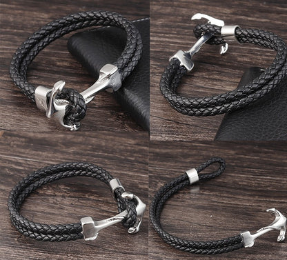 Pulseiras de Âncora Punk de Aço Inoxidável Pulseira de Couro Genuíno e Braceletes Masculinos Joias Pretas Presente de Moda