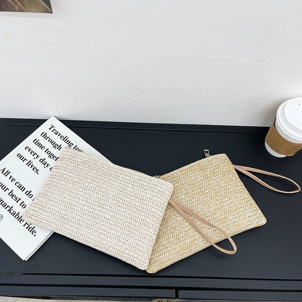 Women Girls Fashion Clutch Solid Straw Wristlet Bag Ladies Beach Summer Handbags Purse Daily Money Coin Phone Card Bag