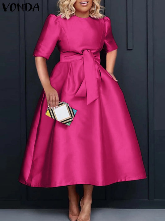 VONDA Elegant Women Satin Short Sleeve Midi Dress 2024 Summer Vestidos Casual Be