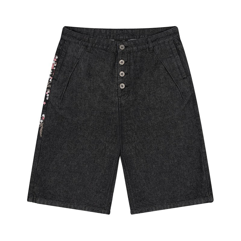 Fashion Retro Cherry Blossom Pattern Embroidery Black Denim Shorts Gothic Hip Hop Men Women Versatile Casual Streetwear Summer