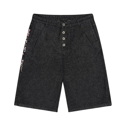 Fashion Retro Cherry Blossom Pattern Embroidery Black Denim Shorts Gothic Hip Hop Men Women Versatile Casual Streetwear Summer