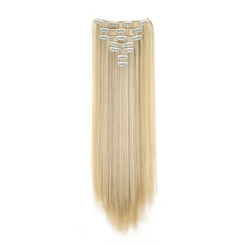 Aplique de Cabelo Sintético Liso Longo 24 Polegadas 7 Peças/Conjunto 16 Clipes Penteado Preto Loiro Extensões de Cabelo