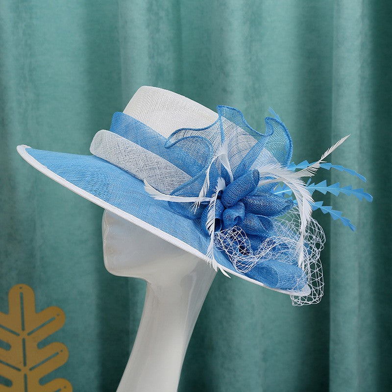 Chapéu de sol de aba grande com design de padrão de fio de cânhamo duplo, acessórios de pena, elegante chapéu de banquete, chapéu de praia para casamento ou férias, chapéu equestre