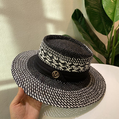 Chapéu de Palha Feminino de Verão Chapéu de Sol Luxuoso Feminino Chapéu de Praia de Proteção Solar da Moda Chapéu Panamá Francês Chapéu Raff de Aba Larga com Topo Abaulado