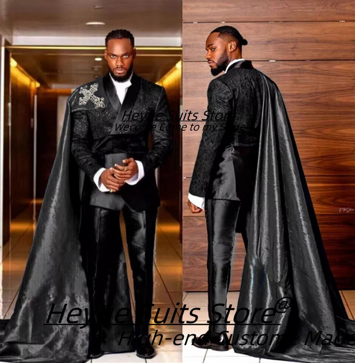 Customized Black Jacquard Shawl Lapel Jacket Pant Cape Groom Wedding Tuxedos Luxuly Male Prom Party Blazers Handsome Ropa Hombre