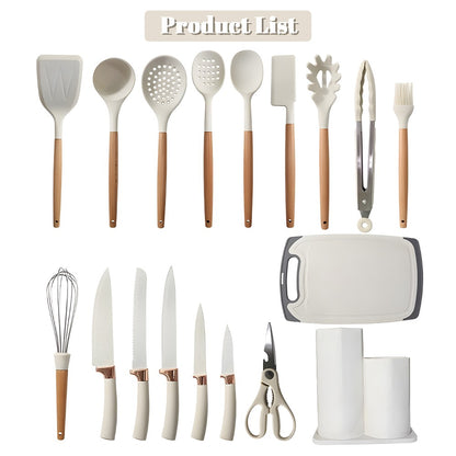 MDHAND Kit de Utensílios de Cozinha de Silicone Resistente ao Calor com 20 Peças, com Cabos de Madeira, Facas, Colher de Sopa com Tesouras, Cozinhe Sem Complicações