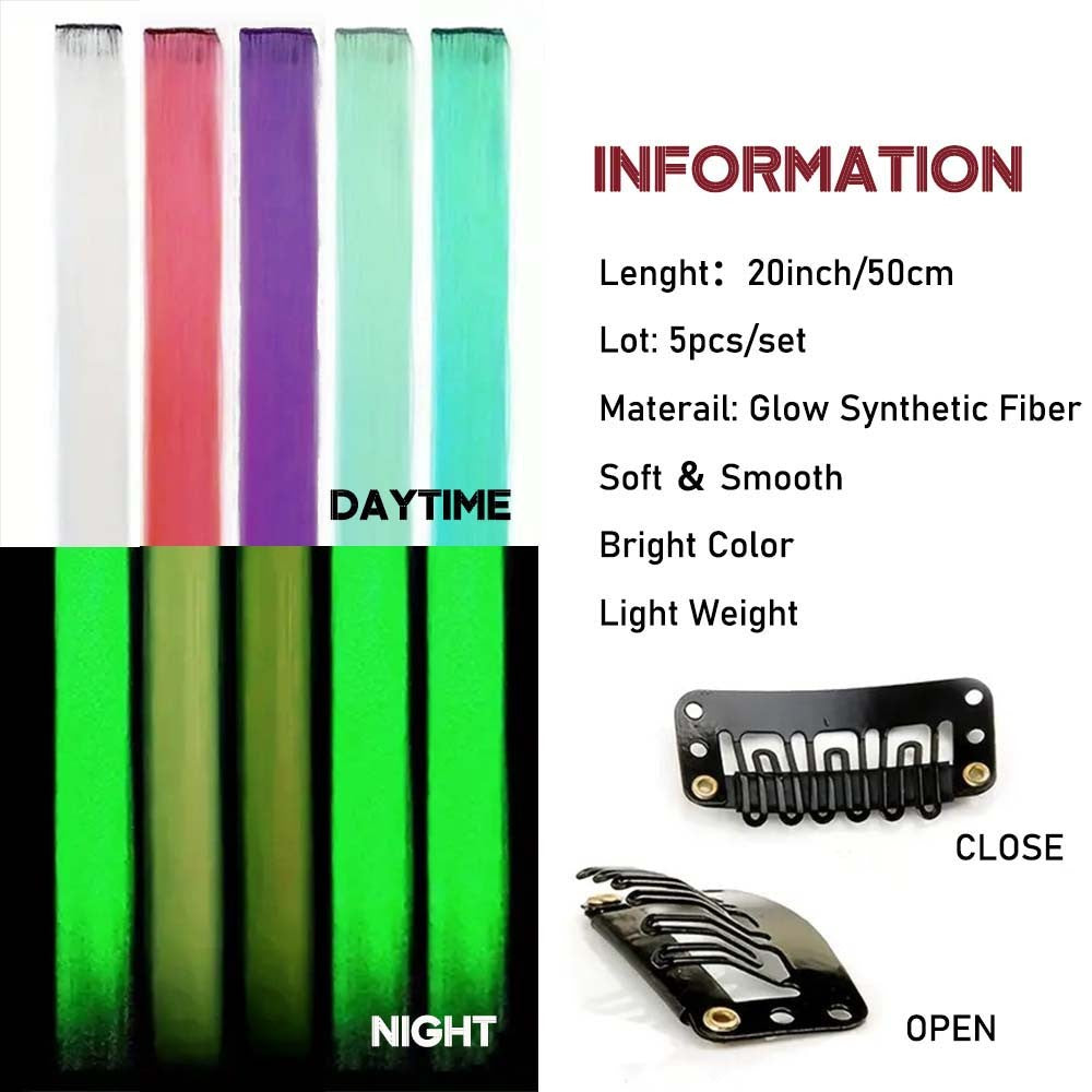 5 Unidades Mechas de Cabelo Luminosas Sintéticas Neon Presilha Fake Acessórios de Cabelo para Festas Extensão de Cabelo Brilha no Escuro Y2K